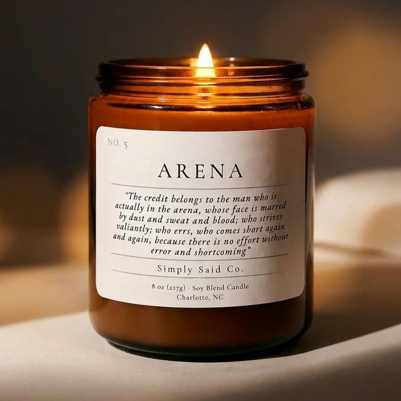 Man in the Arena, 8oz Candle, Theodore Roosevelt quote, Men's fragrance candle, Fathers day, Gift for Him, Candle with quote, wooden wick image 1