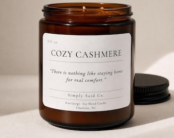 Cozy Cashmere Soy Candle | Hand-Poured Wood Wick Candle | Warm & Cozy Home Fragrance | Amber Jar Candle | Literary Candle | Housewarming |