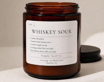 Whiskey Sour Candle, Craft Cocktail, Drink Recipe, Home bar, Gift for Him, Man Cave, Wood Wick, 8 oz Amber Jar, whiskey themed candle