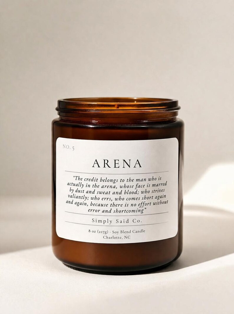 Man in the Arena, 8oz Candle, Theodore Roosevelt quote, Men's fragrance candle, Fathers day, Gift for Him, Candle with quote, wooden wick image 5