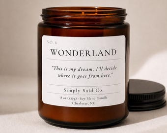 Alice in Wonderland Candle – Bookish Soy Candle with Wood Wick, 8 oz Amber Jar – Literary Gift for Book Lovers, Teacher or Housewarming Gift