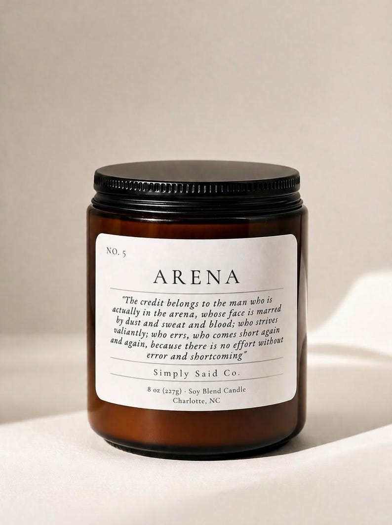 Man in the Arena, 8oz Candle, Theodore Roosevelt quote, Men's fragrance candle, Fathers day, Gift for Him, Candle with quote, wooden wick image 4