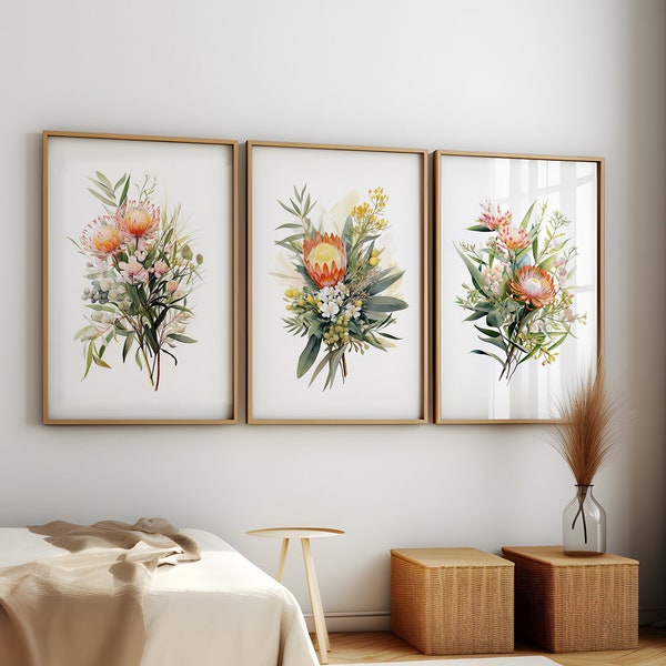 Set of 3 Australian Native Flower Posters, Digital Download, Botanical Art, Floral Decor Posters, Native bouquet, Watercolour wall art