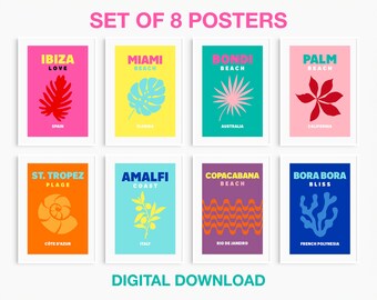 Travel Poster Set: Ibiza, Bondi Beach, Miami, Amalfi (Digital Download)