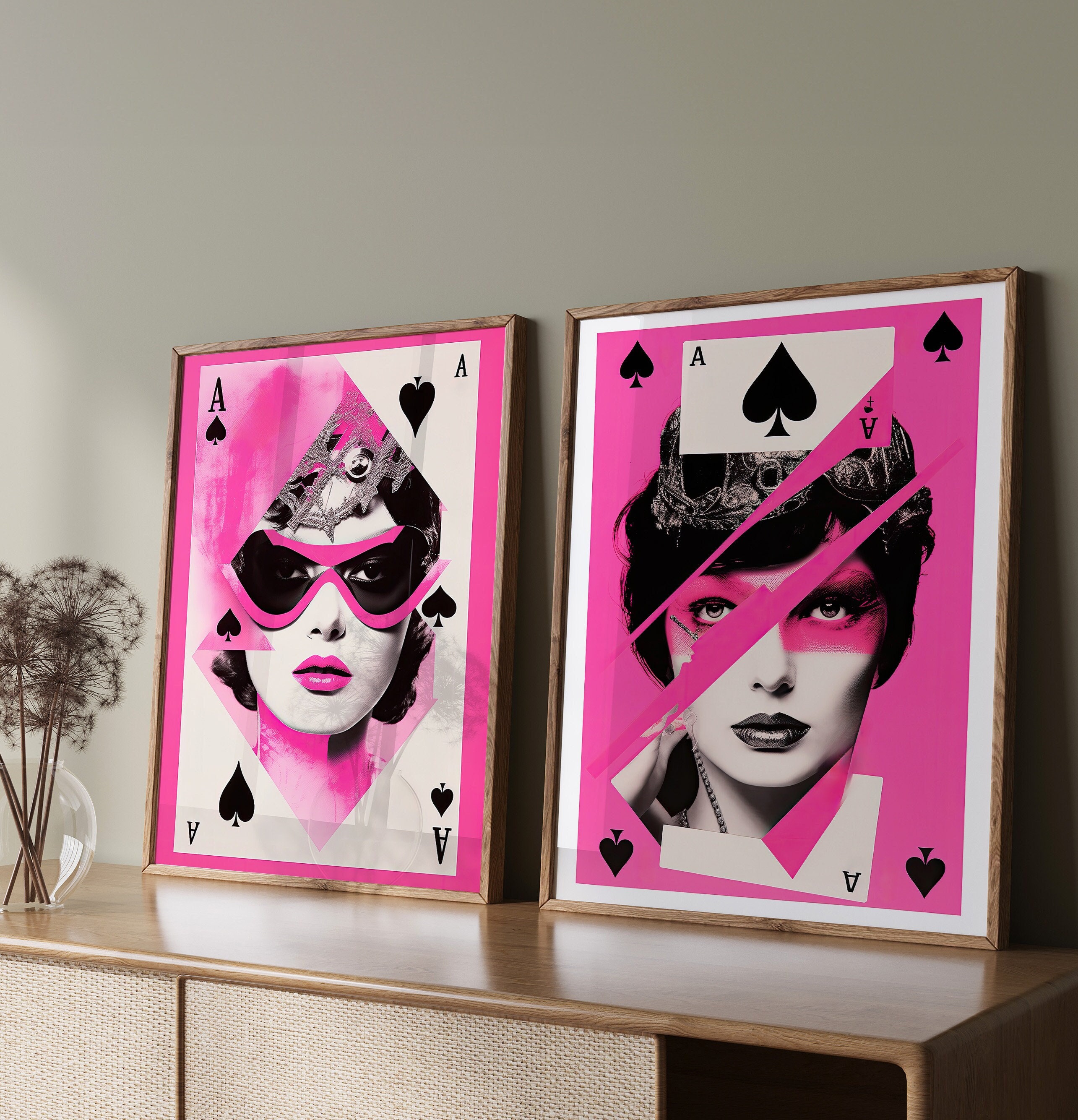 Set of 3 Pink Retro Cards, Digital Download, Colourful Wall Art, Pop