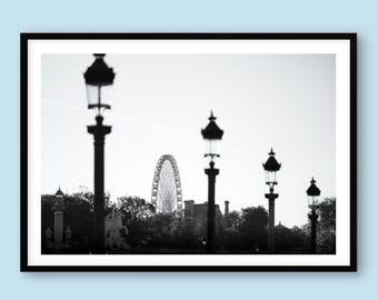 Paris Photography Print: Black and White Ferris Wheel, Place de la Concorde