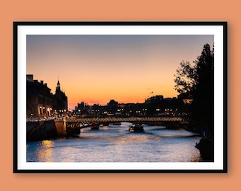 Seine River Sunset Print: Paris Cityscape Photography, European Decor