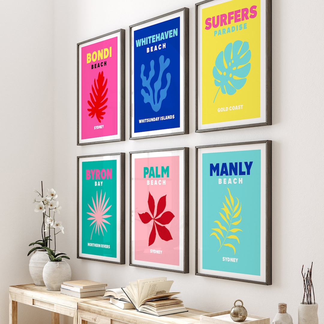 Set of 8 Australian Beaches Wall Art, Digital Download, Colourful