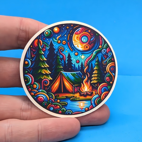 Trippy Camping Sticker // psychedelic art // nature outdoors decal for laptops, water bottles, cars