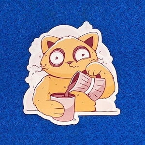 Twitchy cat pouring coffee sticker, cat sticker, coffee sticker, funny sticker