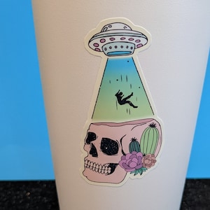 Pegatina de calavera con abducción extraterrestre / Pegatinas de extraterrestres, pegatinas de calaveras, pegatinas de ovnis