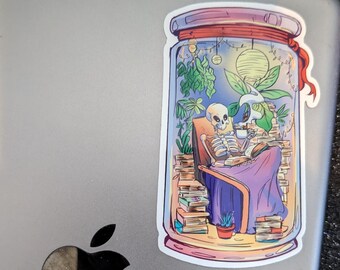 Cozy Skeleton in a Jar Sticker  Bookish Vinyl Sticker for Reading Lovers  Waterproof Fade-Resistant Edgy Skeleton Design