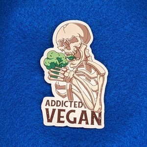 Sticker en vinyle Squelette mangeant du brocoli végétalien accro