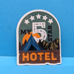 Pegatina de hotel o camping de 5 estrellas, pegatina de naturaleza, pegatina de senderismo