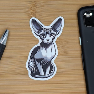 Naklejka z uroczym kotem sfinksem // Naklejka dla miłośników kotów na laptopa, samochód, butelkę z wodą, prezent, dziennik