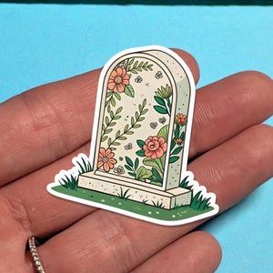 Sticker bloemen grafsteen - sticker esthetische gotische grafsteen