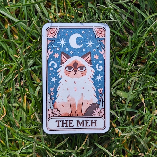 Funny Cat Tarot Card Sticker "The Meh" Laptop Sticker, Journal Sticker, Water Bottle Sticker, Cat Sticker