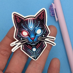 Cyberpunk Cat Sticker - Futuristic Neon Vinyl Decal for Laptop, Water Bottle, Sci-Fi Aesthetic