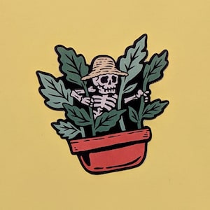 Bony Botanist : Squelette dans une plante en pot Sticker | Sticker botaniste, sticker plante, sticker squelette, sticker pour ordinateur portable,