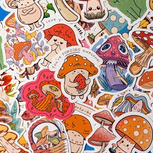 50 Aesthetic Mushroom Sticker Pack  Whimsical Fungi Vinyl Stickers for Decoration  Waterproof  Durable