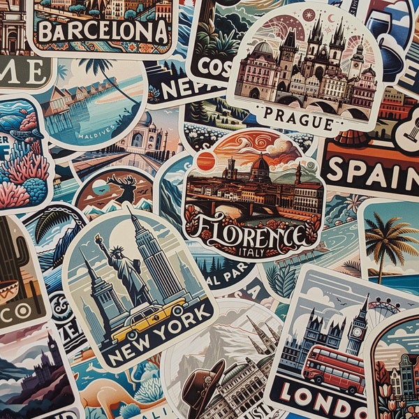 Reisekoffer Sticker Pack - 30+ Ziele | Reise-Abziehbild-Geschenk für Gepäck, Laptop, Wasserflasche