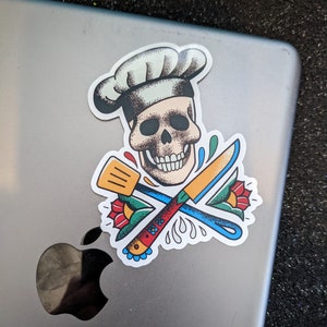 Skull Chef Sticker - Cooking Sticker - Tattoo Art Style sticker for laptops, waterbottles, phones