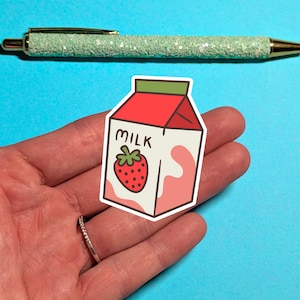 Adesivo fofo de morango e leite – Adesivo de caixa estético kawaii, adesivo de comida pastel para laptops, garrafas de água, diários e muito mais