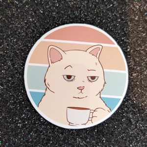 Gato cansado tomando café, pegatina de gato, pegatina de café, pegatina divertida, pegatina de cansado