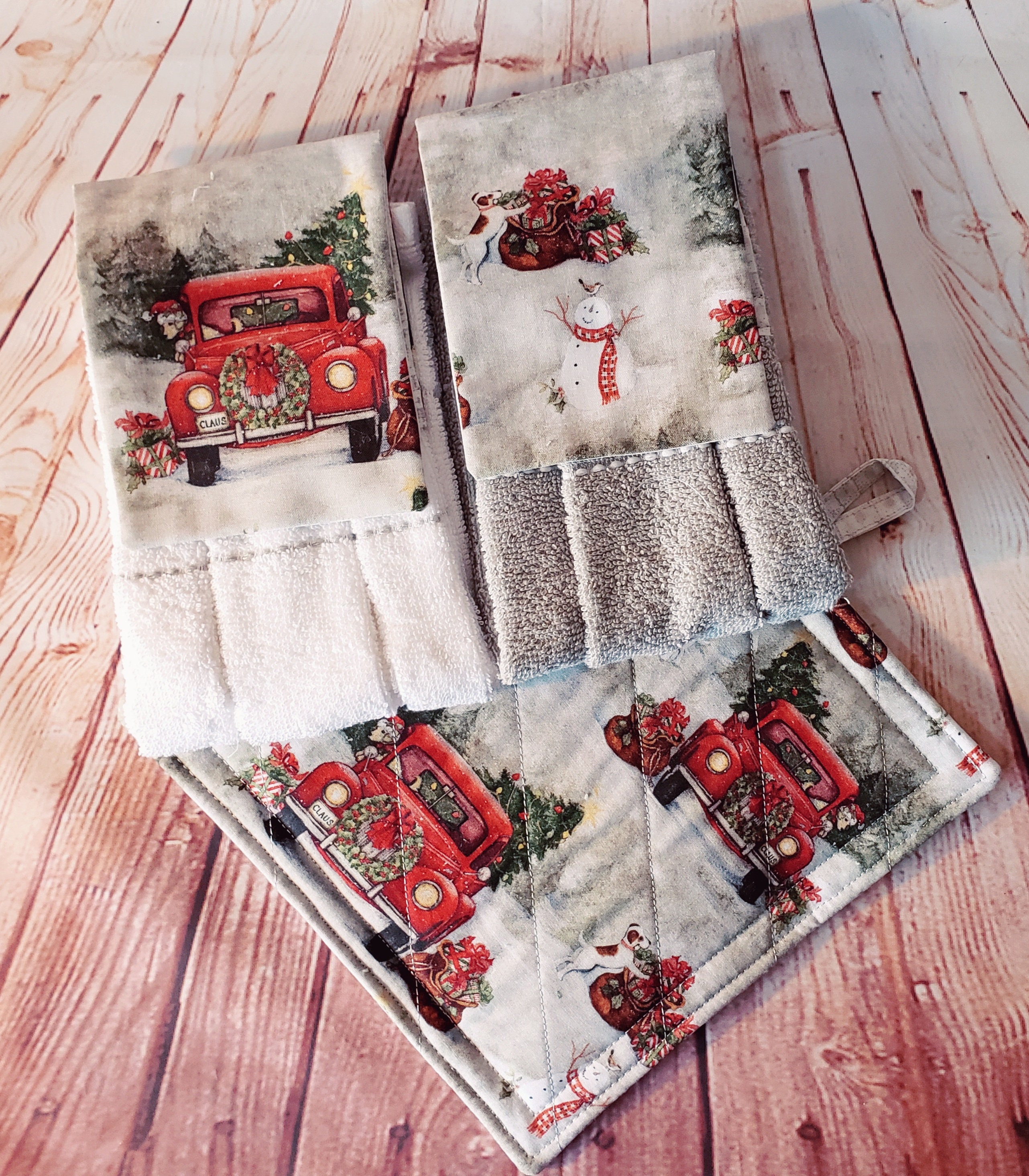 Red Truck Christmas Towels 3 pc set Farmhouse Gifts Kitchen Etsy