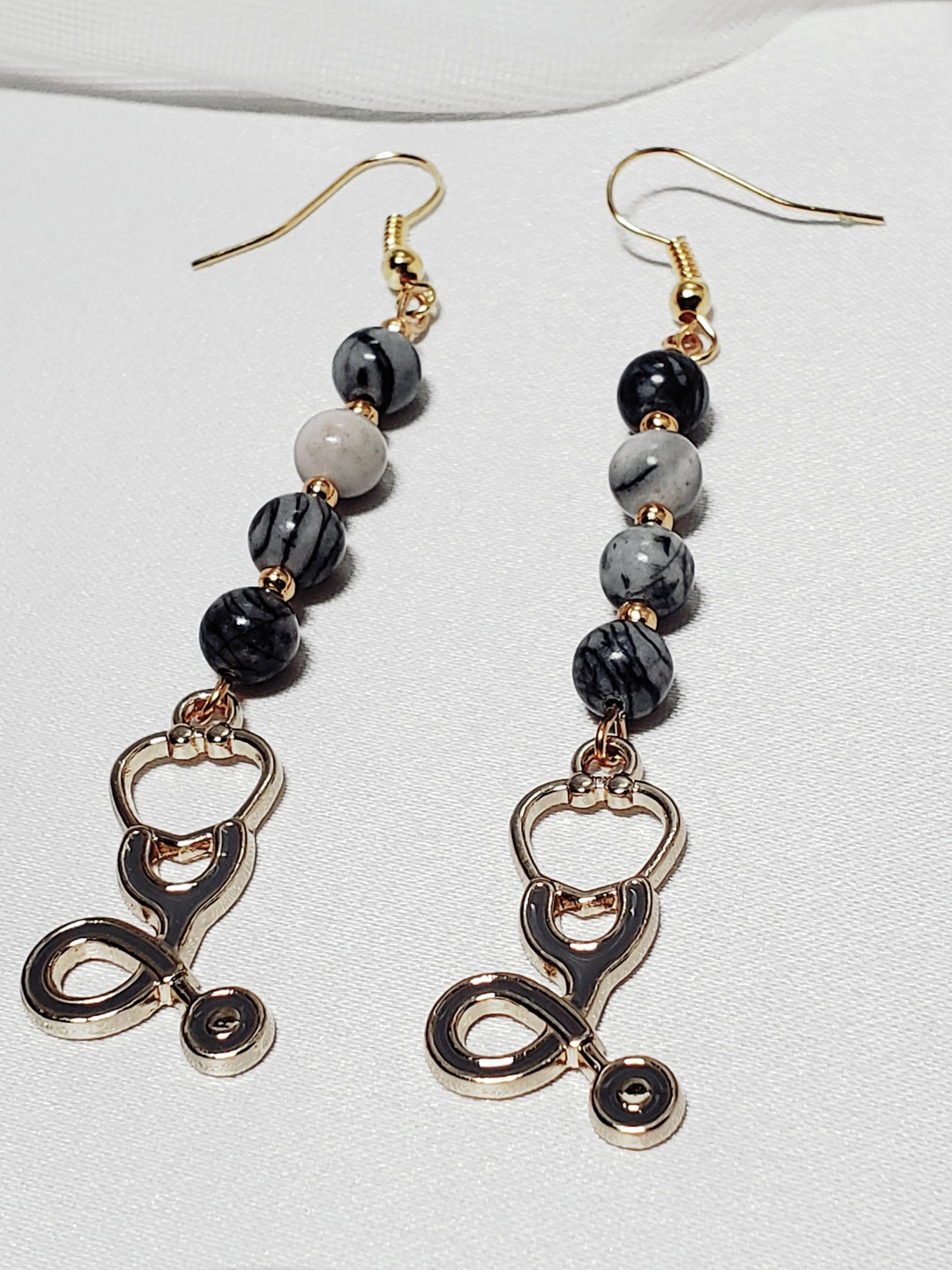 Enamel Stethoscope Dangle Earrings, Austrian Zebra Stone, Gold Plated