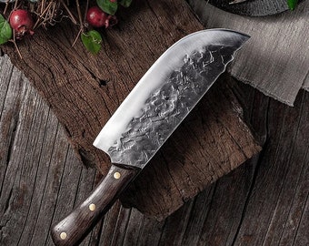 8 pouces fait main pleine soie forgé en acier à haute teneur en carbone manche en bois couteaux de cuisine couperet de chef chinois couteau de boucher
