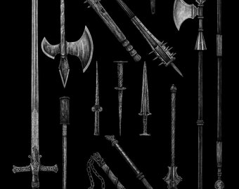 May include: A collection of medieval weapons, including a sword, axe, crossbow, mace, and various spears. The weapons are drawn in black and white.