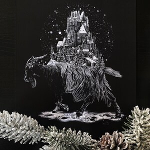 May include: A black and white illustration of a goat carrying a snow-covered castle on its back. The castle is detailed with towers, windows, and a bridge. The goat is walking on a snowy ground with footprints visible.