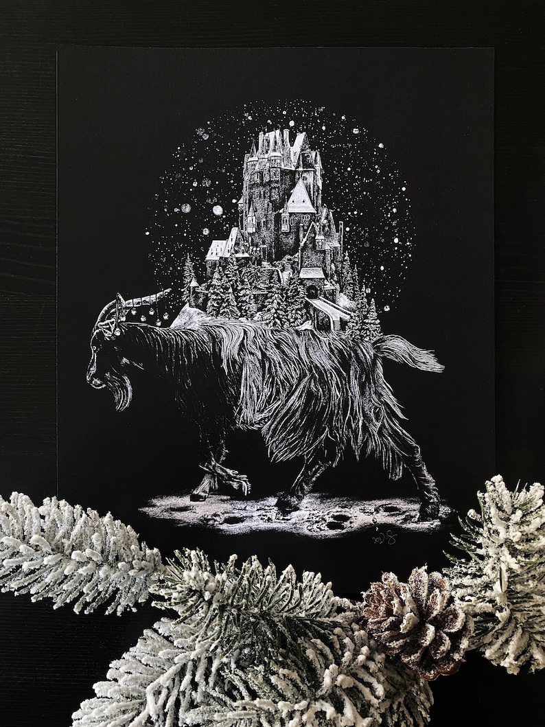 May include: A black and white illustration of a goat carrying a snow-covered castle on its back. The castle is detailed with towers, windows, and a bridge. The goat is walking on a snowy ground with footprints visible.