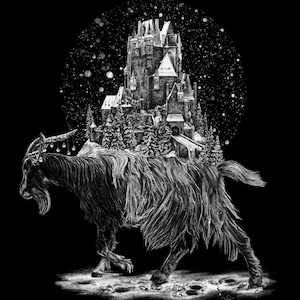 May include: A black and white illustration of a goat carrying a snow-covered castle on its back. The castle is detailed with towers and windows, and the goat is depicted with a thick coat of fur.