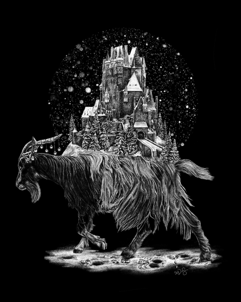 May include: A black and white illustration of a goat carrying a snow-covered castle on its back. The castle is detailed with towers and windows, and the goat is depicted with a thick coat of fur.