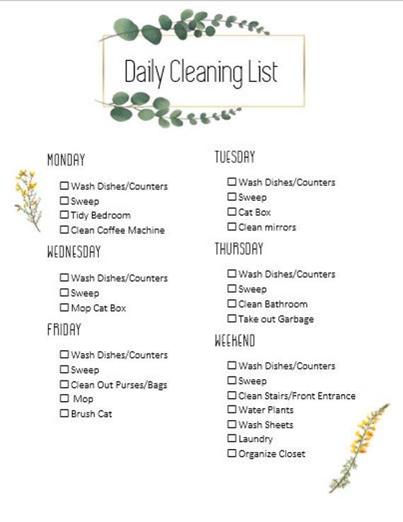 Daily Cleaning Chore List Digital Customizable Printable Instant Download Checklist