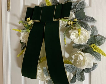 White and green faux floral Wreath, Green Velvet Ribbon