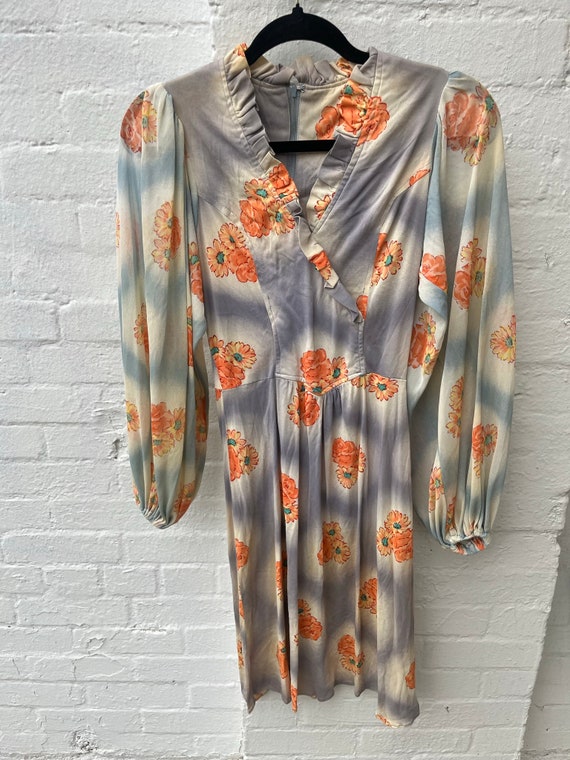 60s 70s floral midi balloon sleeve dress