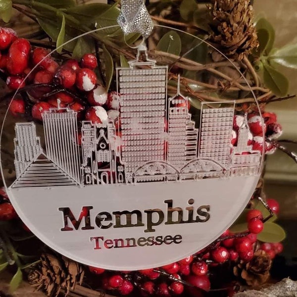 Laser Engraved Memphis Skyline Christmas Ornament