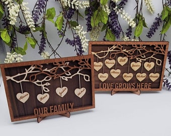 Laser Cut and Engraved Family Tree Frame with Stand. Personalized.