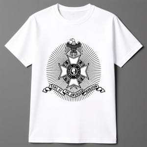 May include: White t-shirt featuring a black and white emblem of the Sons of the American Revolution. The emblem includes an eagle, a cross, and the text "SONS OF THE AMERICAN REVOLUTION".