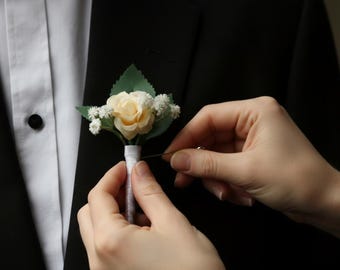 Cream ,white rose baby breath boutonniere, Wedding, Prom, Groom, Groomsmen, Formal celebration, Homecoming