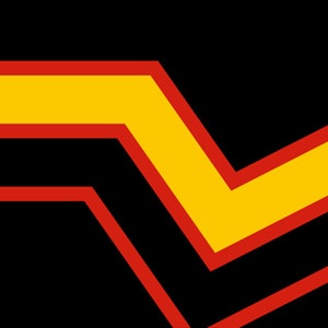 May include: A black background with a yellow and red chevron pattern. The chevron pattern is made up of three stripes, with the yellow stripe in the middle and the red stripes on either side.