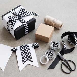 Czarno-biała wstążka grosgrain w kratkę z wzorem flagi wyścigowej, wstążka do kokard do włosów, do majsterkowania, szycia i pakowania prezentów zdjęcie 6