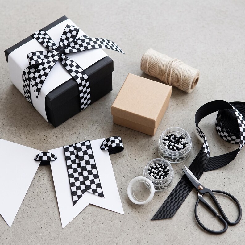Czarno-biała wstążka grosgrain w kratkę z wzorem flagi wyścigowej, wstążka do kokard do włosów, do majsterkowania, szycia i pakowania prezentów zdjęcie 6