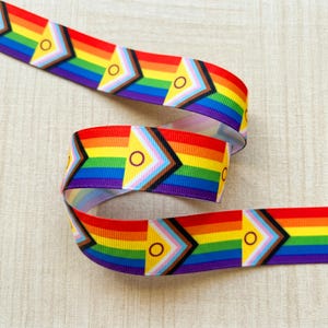 Cinta de grosgrain estampada con el lema "Intersex Progress Pride", cinta con la bandera LGBTQ inclusiva cortada a medida, suministros para manualidades del desfile del Orgullo.