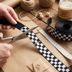 Czarno-biała wstążka grosgrain w kratkę z wzorem flagi wyścigowej, wstążka do kokard do włosów, do majsterkowania, szycia i pakowania prezentów zdjęcie 5