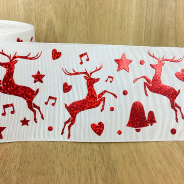 3 Inch Laser Foil Christmas Red Reindeer Printed Grosgrain Ribbons Cheer Bows Hair Bows Party Wreath Sewing Craft Supplies