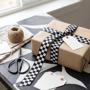 Czarno-biała wstążka grosgrain w kratkę z wzorem flagi wyścigowej, wstążka do kokard do włosów, do majsterkowania, szycia i pakowania prezentów zdjęcie 4